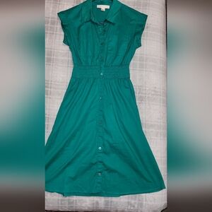 Emerald Green Button-Up Women's Knee Length Dress With Cinched Waist Sz Small